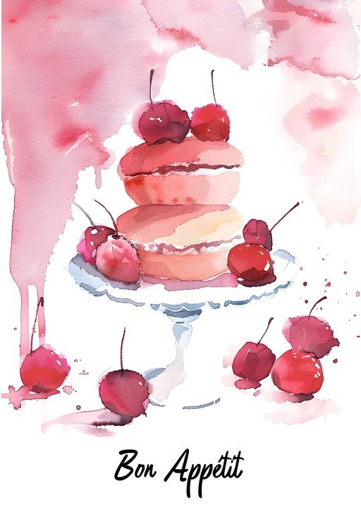 Watercolor Macarons and Cherries with "Bon Appétit"