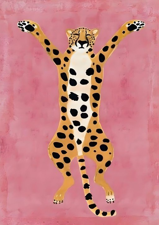 Joyful Cheetah with Arms Raised on Pink Background