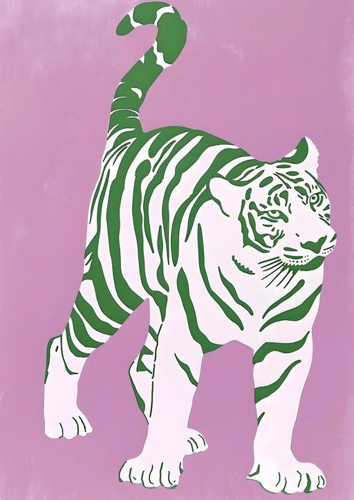 Stylized Green Tiger on Pink Background