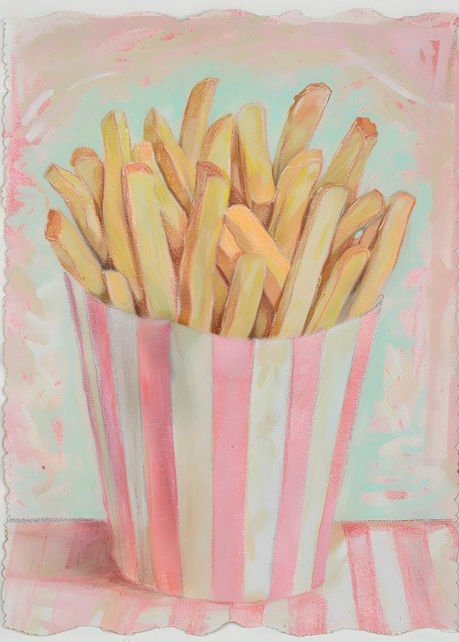 Artistic Rendering of French Fries in a Striped Container