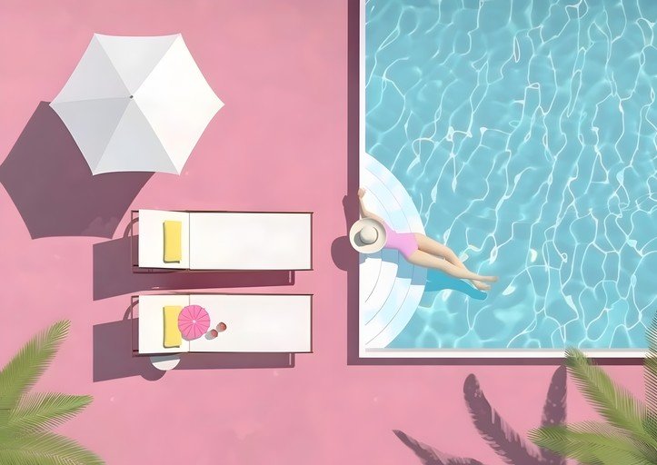 Woman Relaxing by Poolside with Sun Loungers and Umbrella
