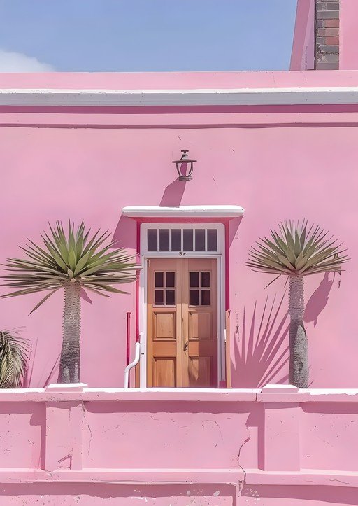 Vibrant Pink Building with Tropical Palms and Wooden Door