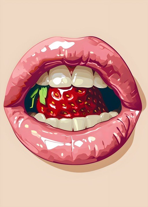Lips Biting a Juicy Strawberry