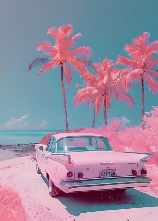 Retro Pink Car on Tropical Beach with Palm Trees