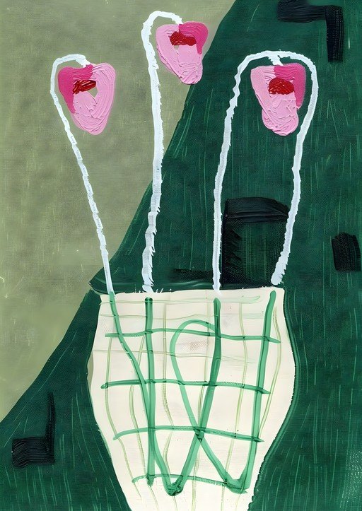 Abstract Pink Flowers in a Grid Vase