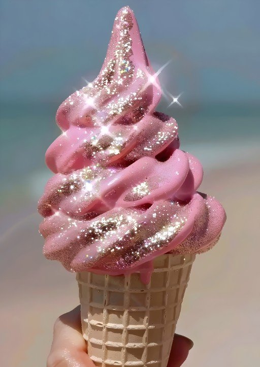 Sparkling Pink Ice Cream Cone on Beach