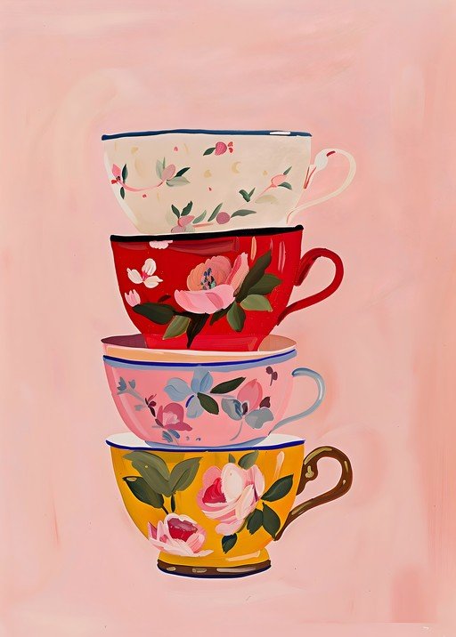 Stack of Floral Teacups on Pink Background