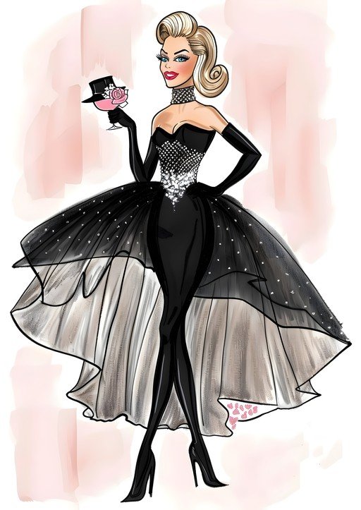 Glamorous Woman in Black Gown Holding Cocktail
