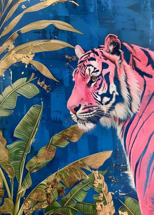 Pink Tiger Amidst Tropical Foliage with Gold Accents