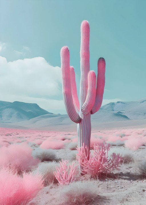 Surreal Pink Saguaro Cactus in Desert Landscape