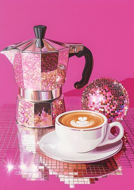 Pink Disco Moka Pot and Latte Art Coffee