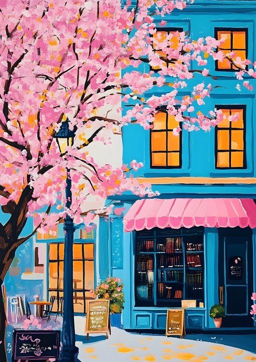 Charming Bookstore Under Cherry Blossoms