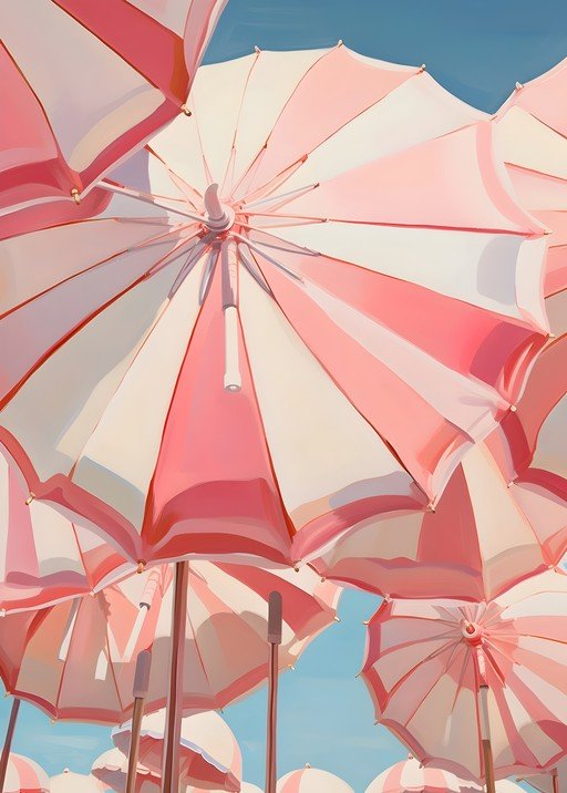 Pink and White Striped Beach Umbrellas Under Blue Sky