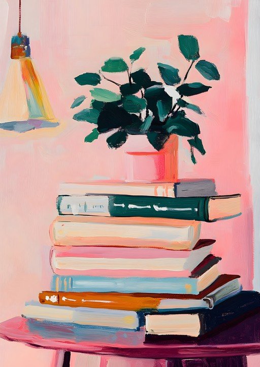 Still Life Painting of Books and Plant