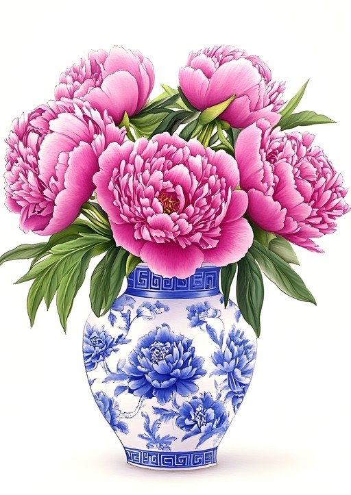 Vibrant Pink Peonies in Blue and White Porcelain Vase