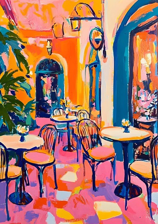 Vibrant Outdoor Cafe Scene Painting