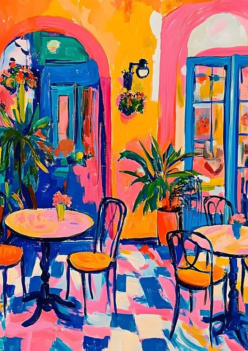 Vibrant Courtyard Cafe Painting