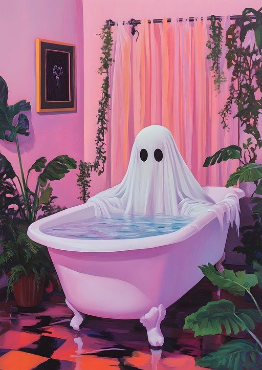 Ghost Takes a Relaxing Bath in Pink Bathroom