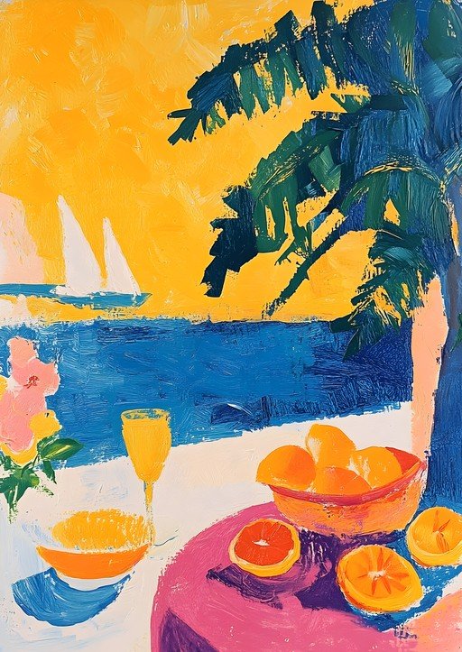 Vibrant Tropical Still Life with Oranges and Sailboats