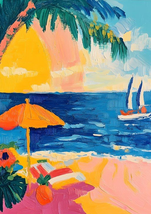 Vibrant Beach Scene Painting with Sailboat and Palm Tree