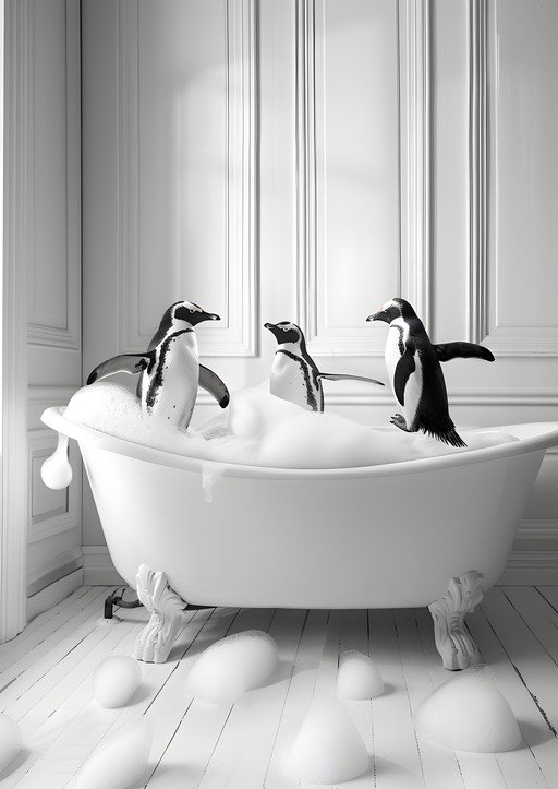 Penguins Enjoying a Bubble Bath in a Vintage Tub