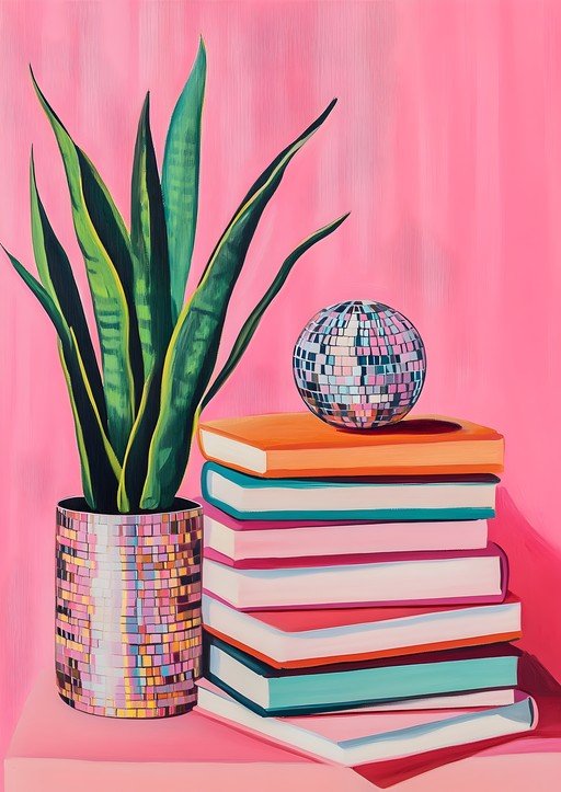 Disco Ball, Books, and Snake Plant on Pink Background