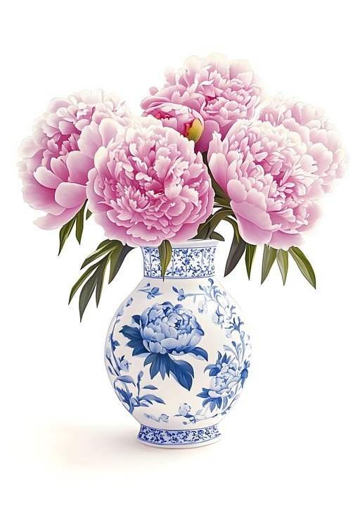Pink Peonies in Blue and White Porcelain Vase