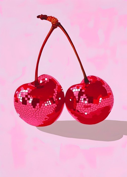 Disco Cherries on Pink Background
