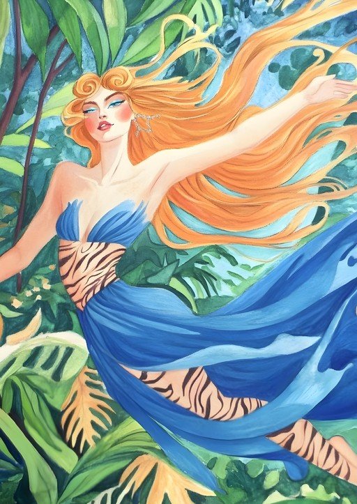 Woman in Blue Dress Amidst Lush Jungle Foliage