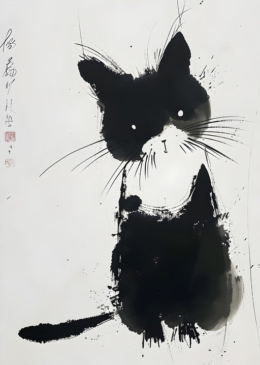Ink Wash Painting of a Black and White Cat
