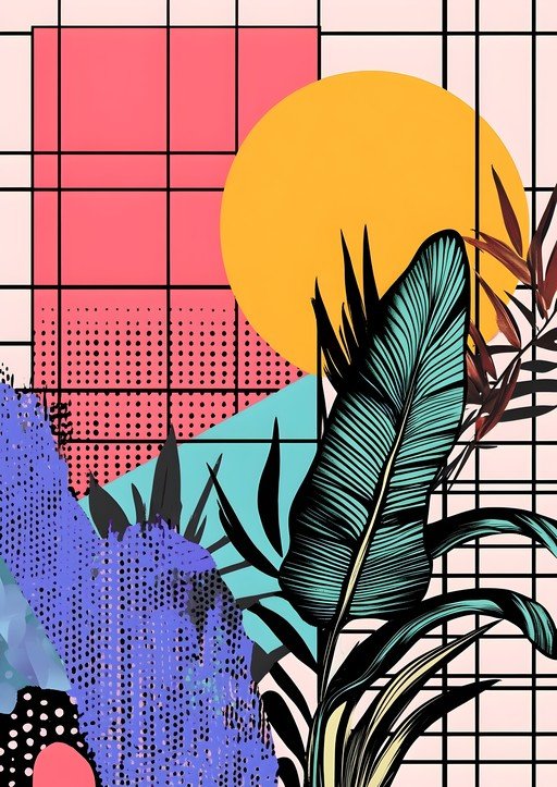 Retro Tropical Abstract with Geometric and Floral Elements