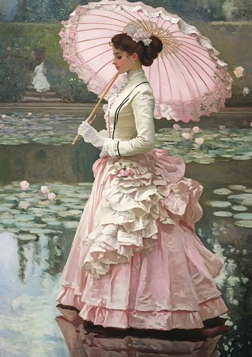 Victorian Woman with Pink Parasol in Water Lily Garden