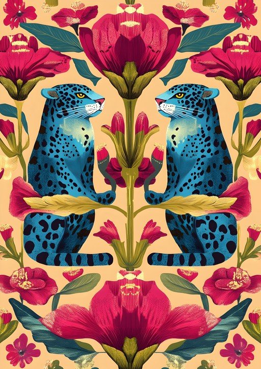 Vibrant Blue Jaguar and Floral Pattern