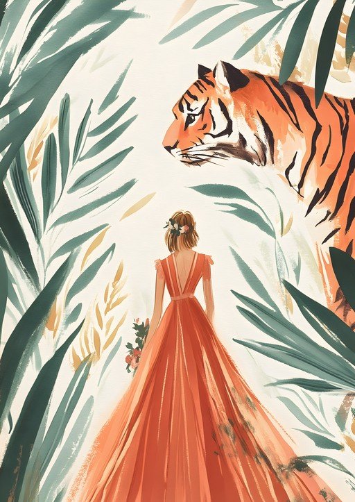 Woman in Orange Dress Encounters Tiger in Lush Jungle