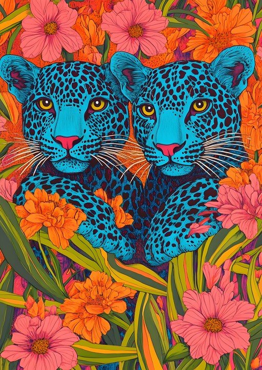 Vibrant Blue Jaguars Amidst Tropical Flowers