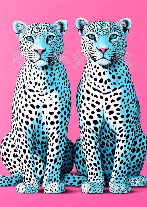 Two Stylized Snow Leopards on Pink Background