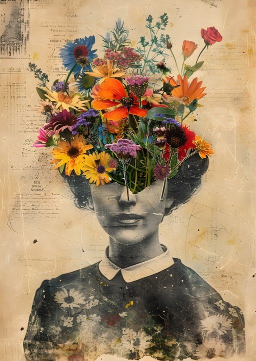 Surreal Portrait of Woman with Flowers Growing from Head