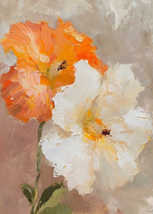 Textured Oil Painting of Orange and White Poppies