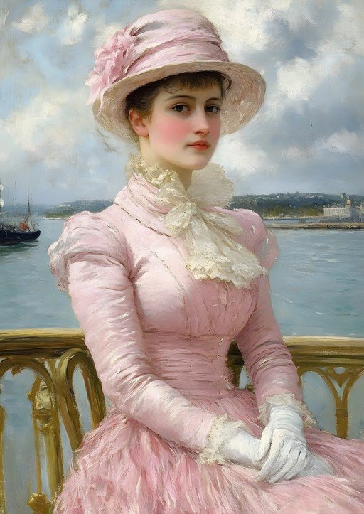 Victorian Woman in Pink Dress by the Sea