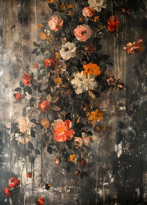 Vintage Floral Painting with Dark, Textured Background