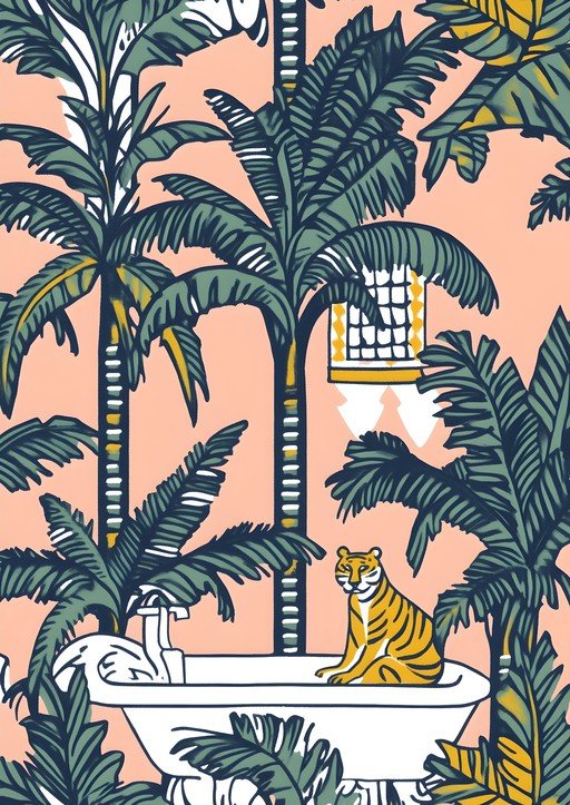 Whimsical Tiger in Bathtub Tropical Wallpaper