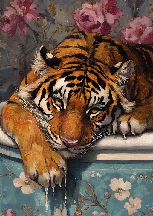 Tiger Resting in a Floral Bathtub
