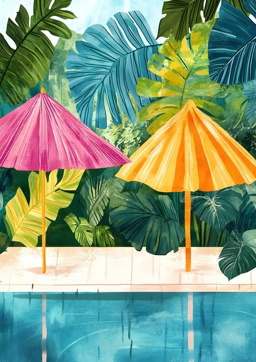 Tropical Poolside Umbrellas and Lush Foliage