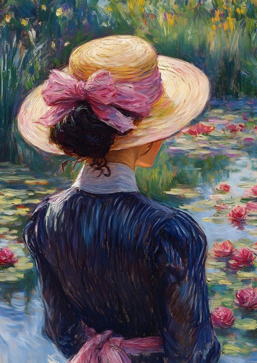 Woman in a Hat by a Water Lily Pond