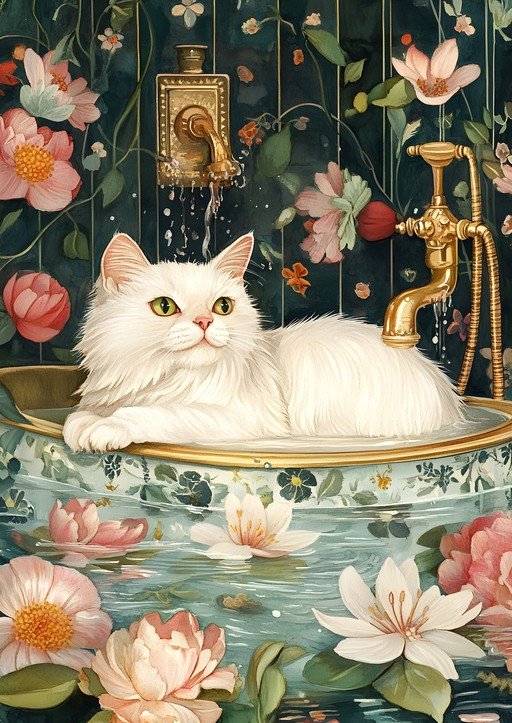 White Cat in Floral Bathtub