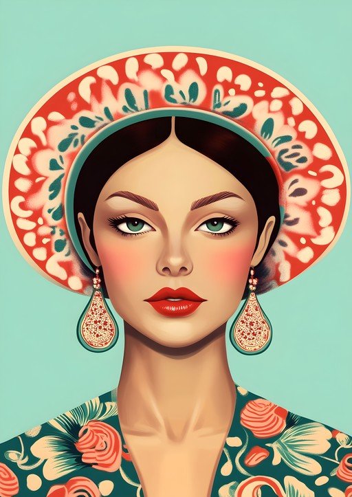 Woman in Traditional Hat and Floral Dress
