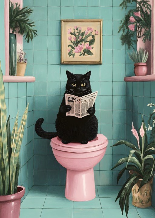 Black Cat Reading Newspaper on Pink Toilet