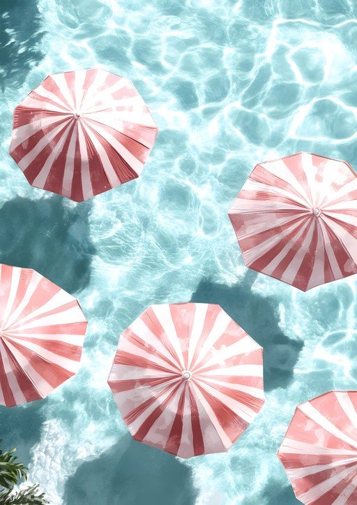 Pink and White Umbrellas Floating on Sparkling Pool Water