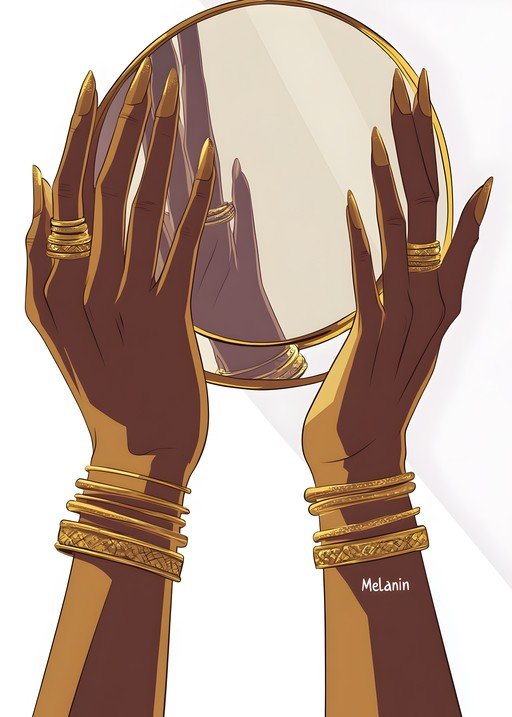 Hands adorned with gold jewelry holding a mirror