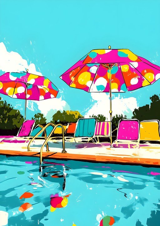 Vibrant Poolside Scene with Colorful Umbrellas and Chairs